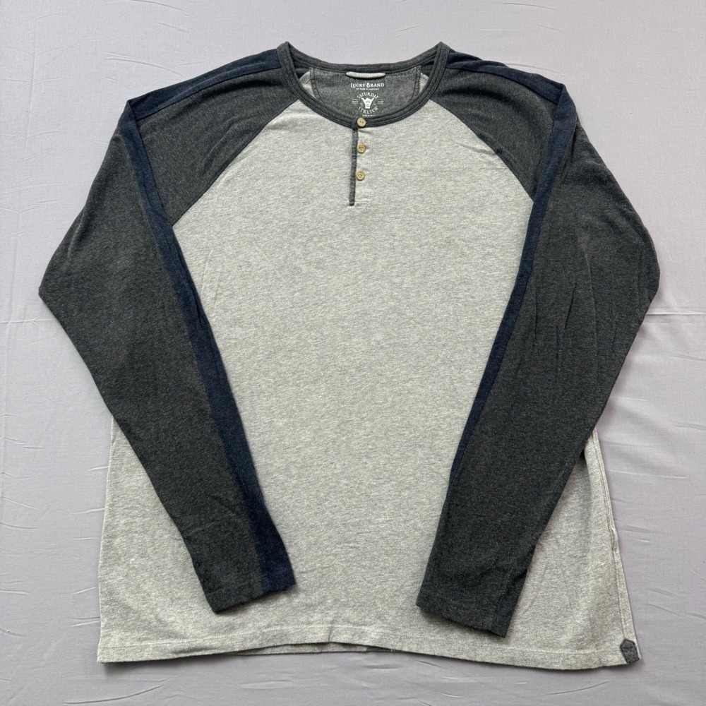 Lucky Brand Saturday Stretch Henley Shirt Men XL Grey Raglan Baseball Long Sleev